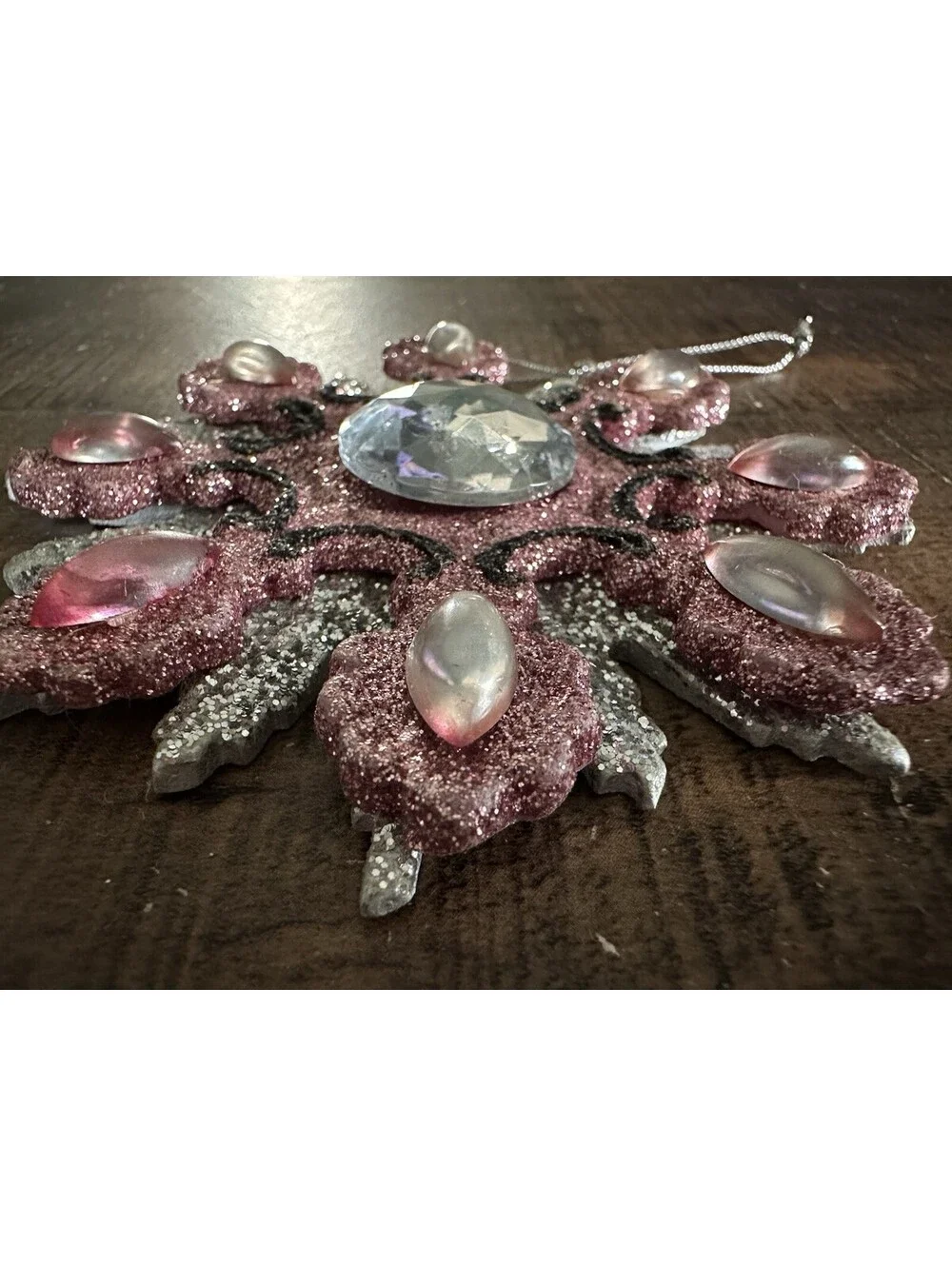 Pink Glitter Snowflake Christmas Ornament Faux Gem Rhinestone Holiday Decor